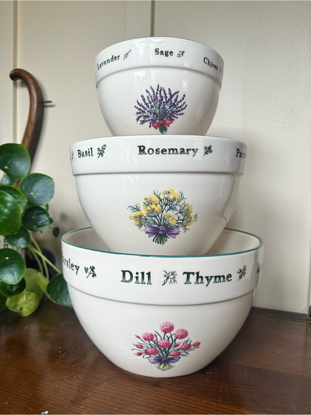 Certified International Vintage Ceramic Herb Motif Mixing Bowls